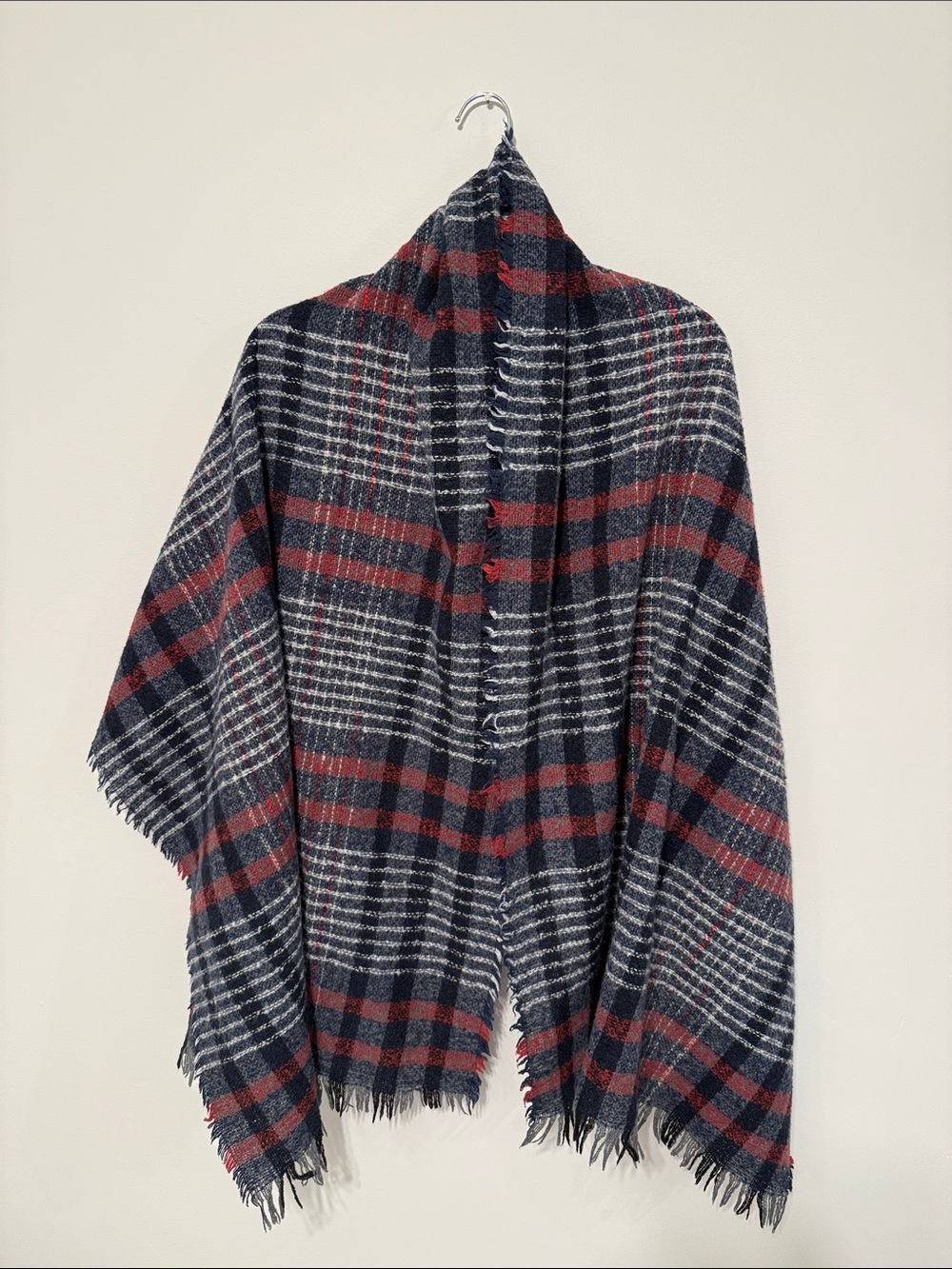 Plaid Fringe Wrap Scarf in Navy and Burgundy